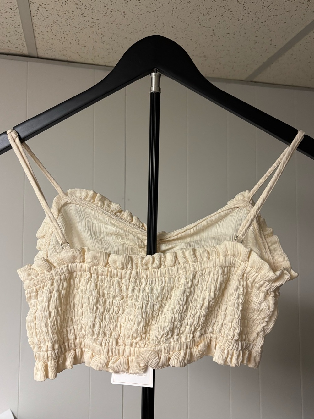 Cream Ruffle Drawstring Crop Top with Spaghetti Straps - Picture 2 of 5
